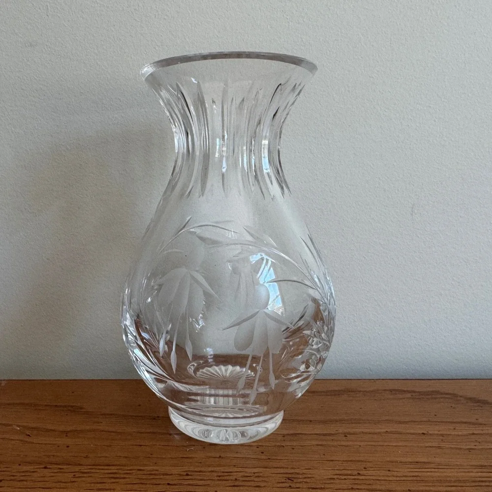 Vintage Etched Crystal Floral Bud Vase‎ Clear Glass Floral Fuchsia Design